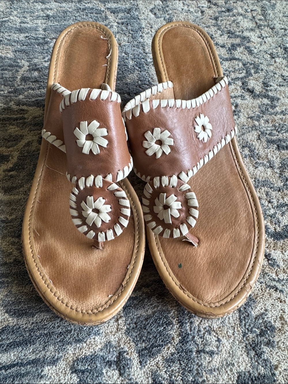 Jack Rogers Tan Leather Whipstitch Flower Toe-Post Sandals